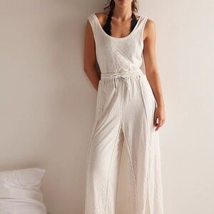 Free People Ivory Button Front Wide Leg Jumpsuit Size M